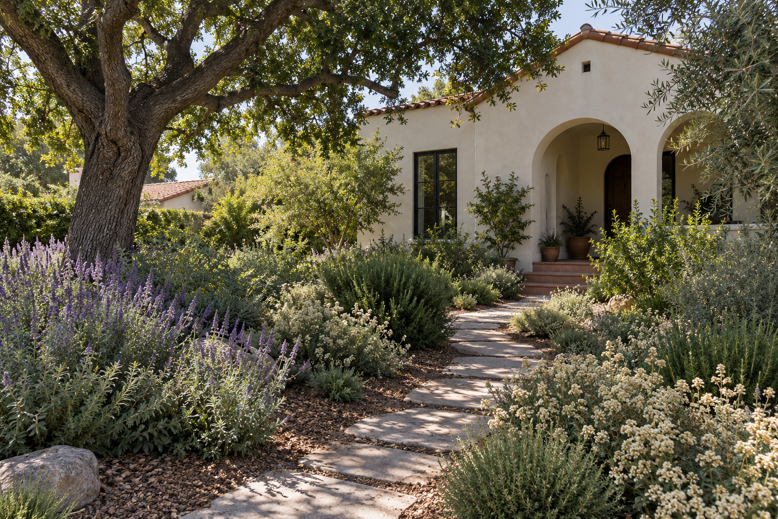Native garden with sage, buckwheat and a stone path in front of a Spanish Revival style Los Angeles home
