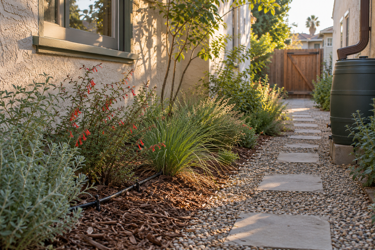 Narrow Los Angeles side garden with young flowering plants, stepping stones and drip irrigation